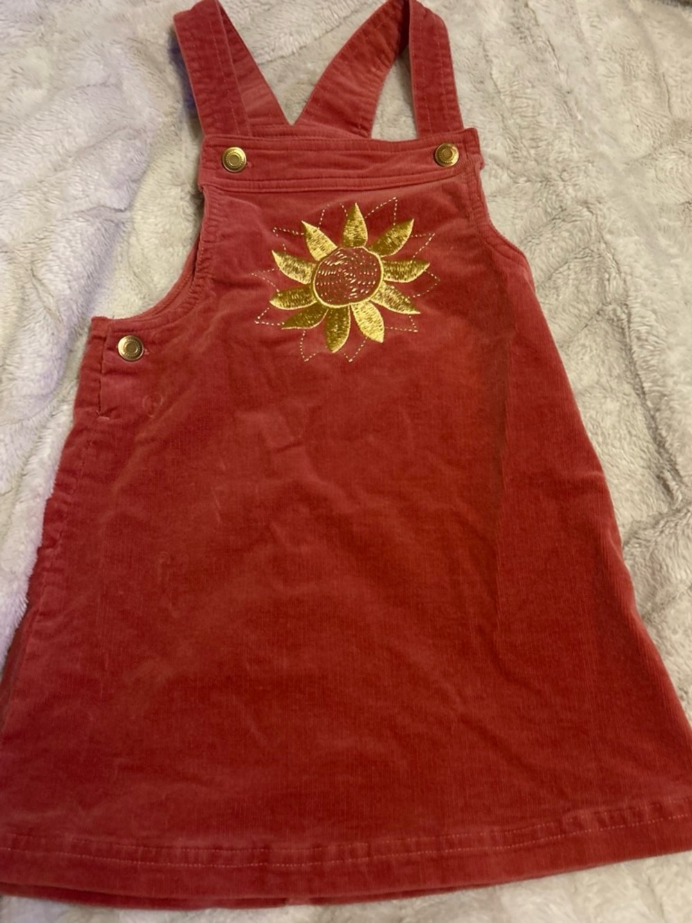 Girls' Red Corduroy Pinafore Dress with Gold Sun Embroidery